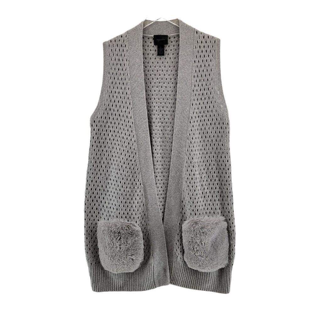Magaschoni 100% Cashmere Tunic‎ Sweater Vest Size Large Gray Faux Fur Pockets